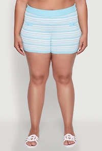 Womens Plus Daisy Striped Button Detail Shorts,