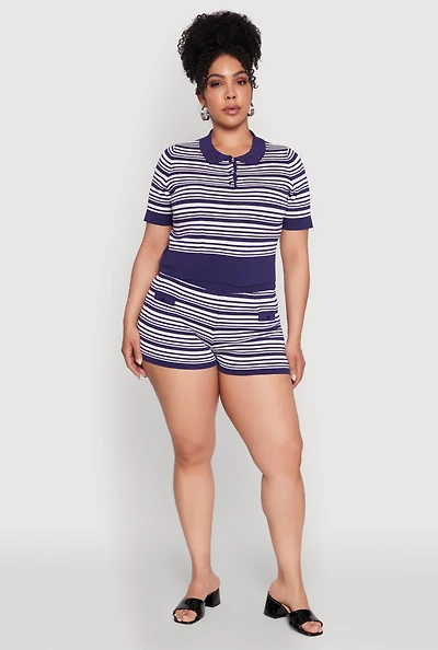 Womens Plus Daisy Striped Button Detail Shorts,