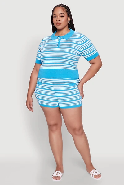 Womens Plus Size Daisy Striped Button Detail Shorts, Blue, Size 1X