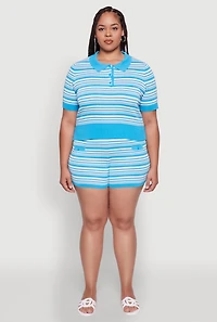 Womens Plus Size Daisy Striped Button Detail Shorts, Blue, Size 2X