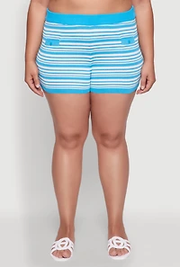 Womens Plus Size Daisy Striped Button Detail Shorts, Blue, Size 2X