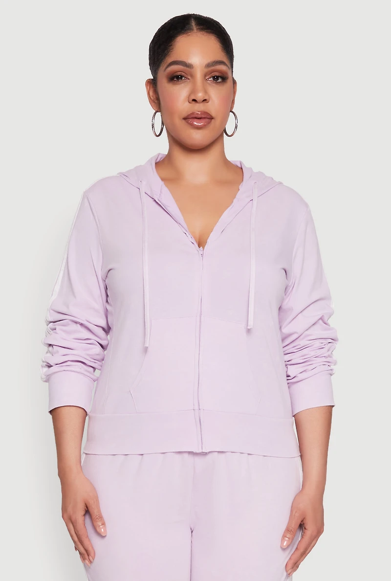 Womens Plus Size Daisy Varsity Stripe Zip Front Hoodie, Purple, Size 1X