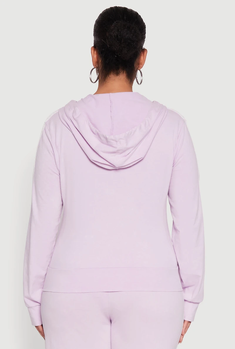 Womens Plus Size Daisy Varsity Stripe Zip Front Hoodie, Purple, Size 2X