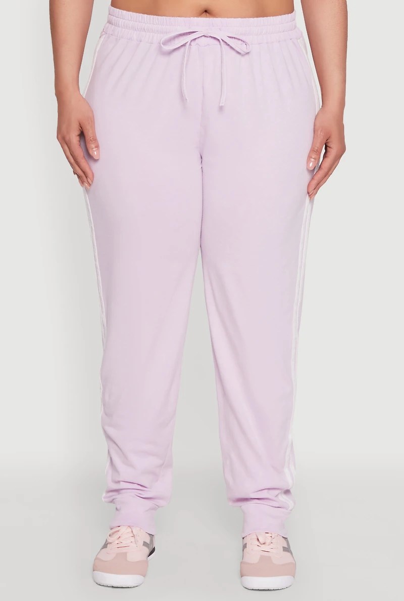 Womens Plus Size Daisy Varsity Stripe Drawstring Joggers, Purple, Size 2X