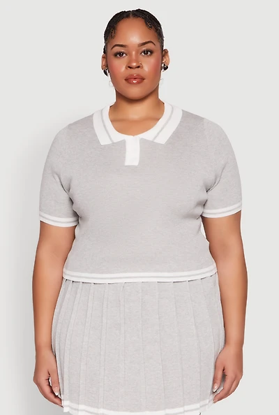 Womens Plus Daisy Varsity Stripe Crop Polo Tee,