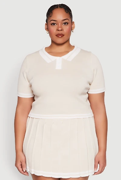 Womens Plus Daisy Varsity Stripe Crop Polo Tee,