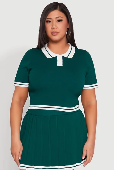 Womens Plus Daisy Varsity Stripe Crop Polo Tee,