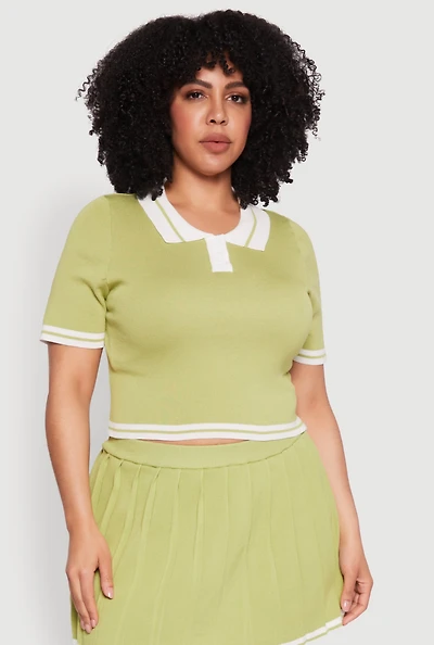 Womens Plus Daisy Varsity Stripe Crop Polo Tee,