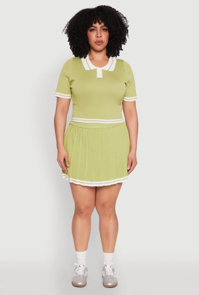 Womens Plus Daisy Varsity Stripe Crop Polo Tee,