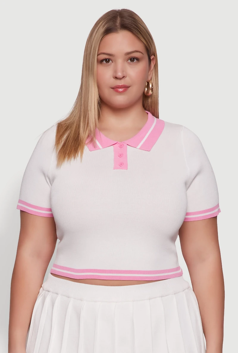 Plus Daisy Varsity Stripe Crop Polo Tee
