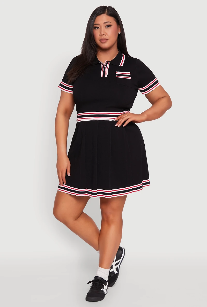 Womens Plus Daisy Varsity Stripe Pleated Skirt, Black,