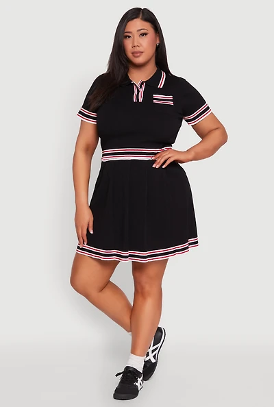 Womens Plus Daisy Varsity Stripe Pleated Skirt, Black,