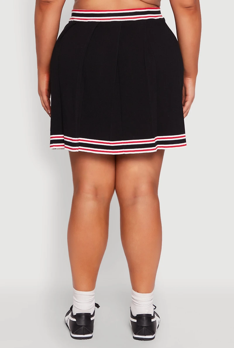 Womens Plus Daisy Varsity Stripe Pleated Skirt, Black,