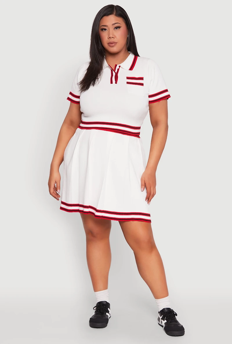Womens Plus Size Daisy Varsity Stripe Pleated Skirt, White, Size 1X