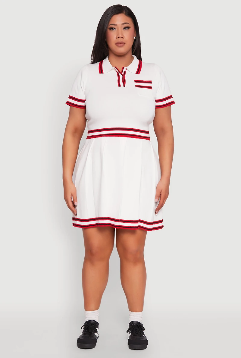Womens Plus Size Daisy Varsity Stripe Pleated Skirt, White, Size 1X