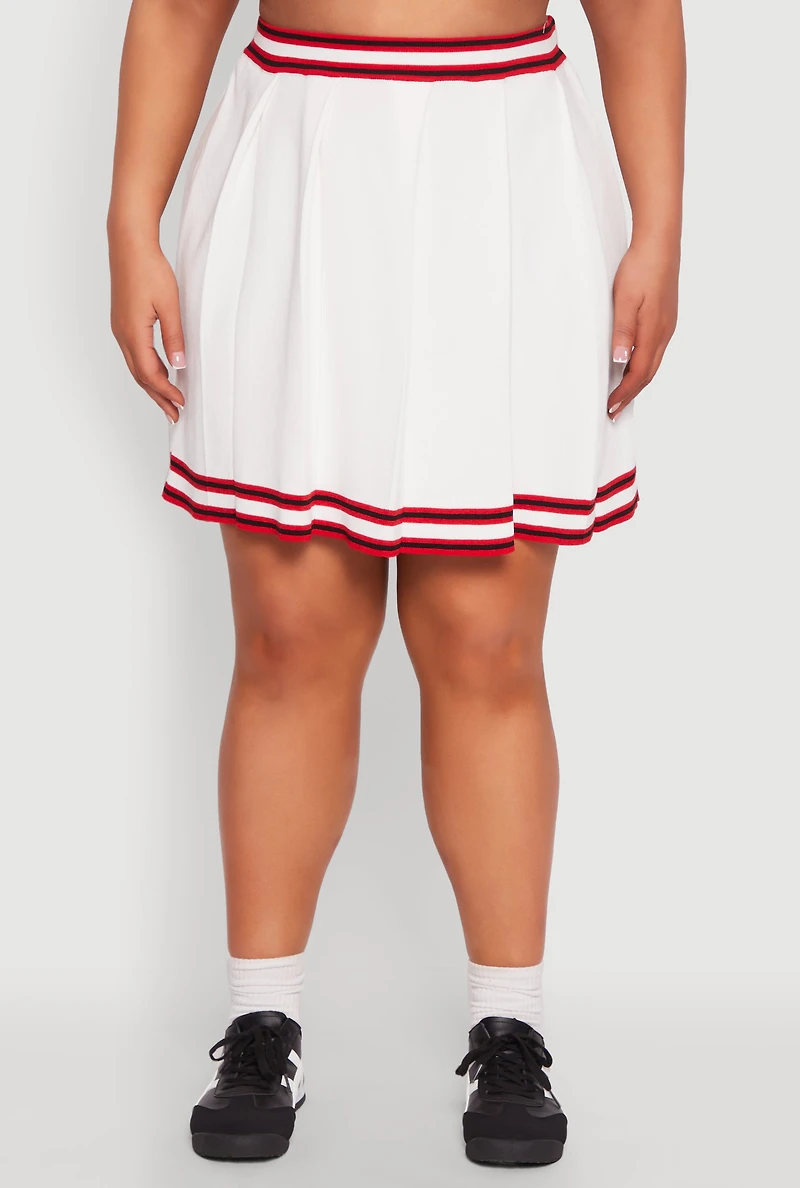 Womens Plus Size Daisy Varsity Stripe Pleated Skirt, White, Size 1X