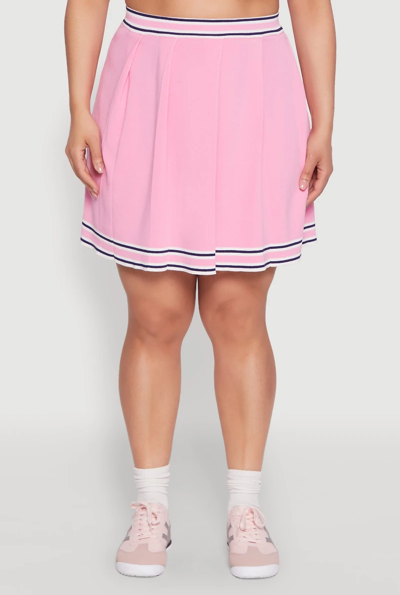 Womens Plus Daisy Varsity Stripe Pleated Skirt, Pink,