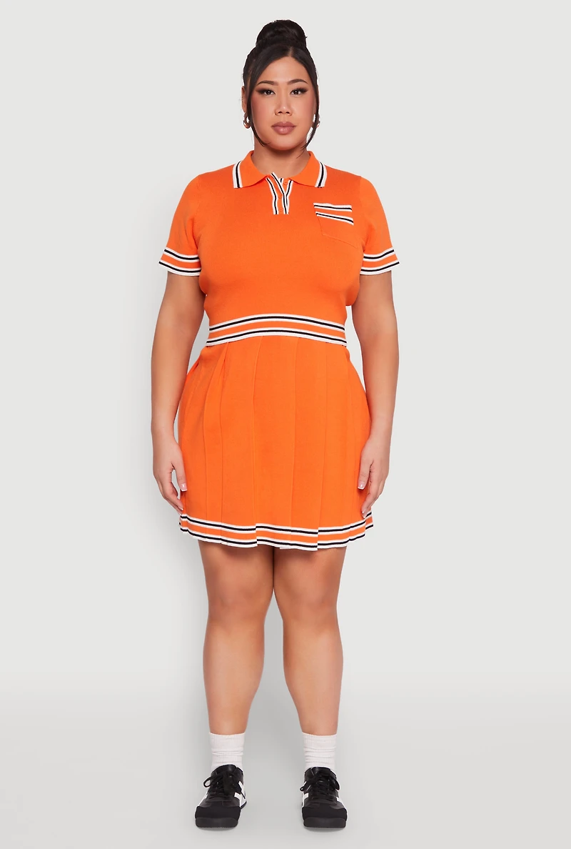 Womens Plus Size Daisy Varsity Stripe Pleated Skirt, Orange, Size 1X
