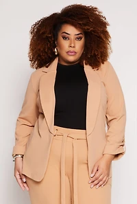 Womens Plus Open Front Tabbed Sleeve Blazer, Beige,