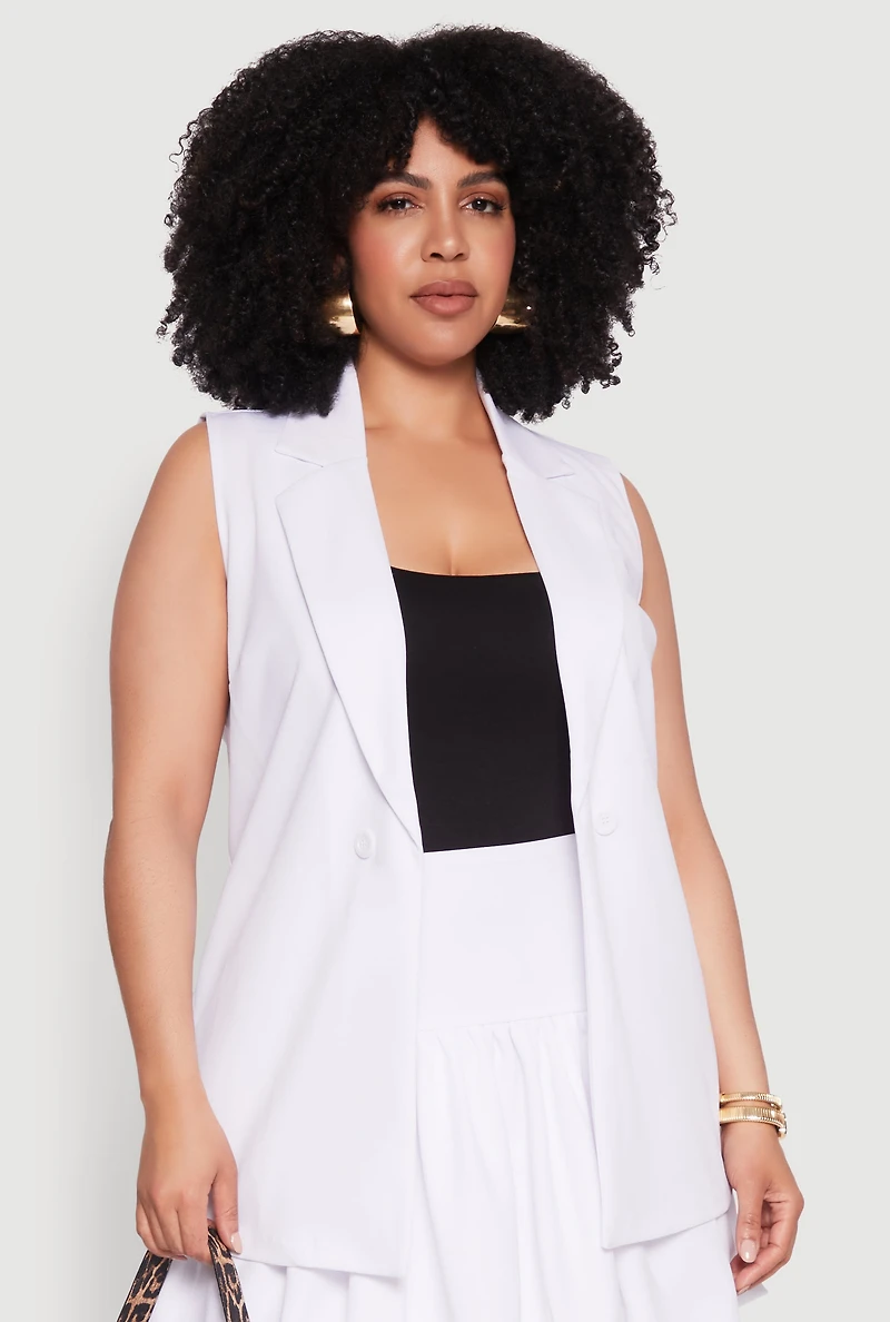 Womens Plus Size Crepe Knit Button Detail Blazer Vest, White, Size 1X