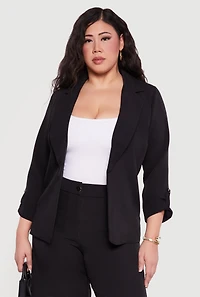 Plus Crepe Knit Tabbed Sleeve Open Front Blazer