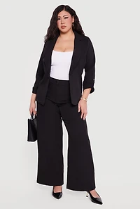 Plus Crepe Knit Tabbed Sleeve Open Front Blazer