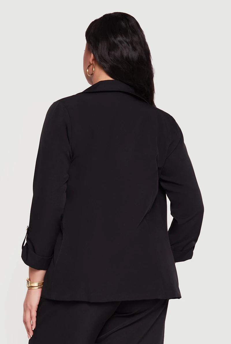 Plus Crepe Knit Tabbed Sleeve Open Front Blazer