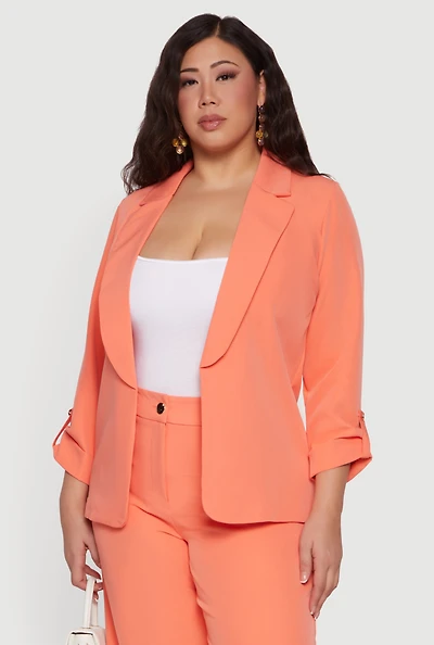 Plus Crepe Knit Tabbed Sleeve Open Front Blazer