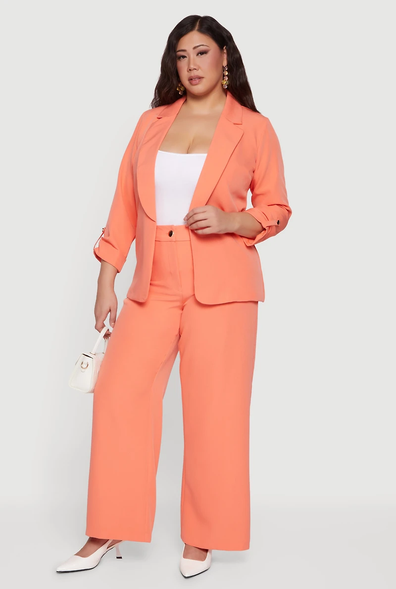Plus Crepe Knit Tabbed Sleeve Open Front Blazer