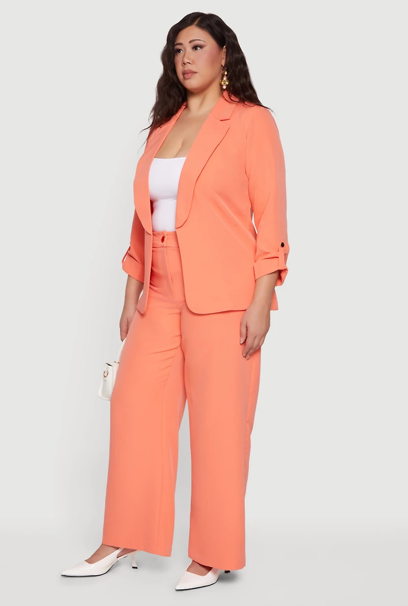 Plus Crepe Knit Tabbed Sleeve Open Front Blazer