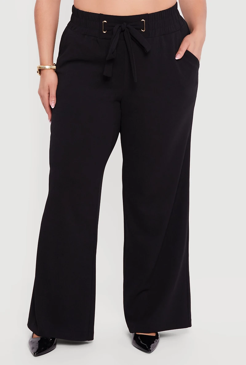Plus Crepe Knit Tie Waist Detail Wide Leg Pants