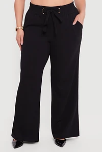 Plus Crepe Knit Tie Waist Detail Wide Leg Pants