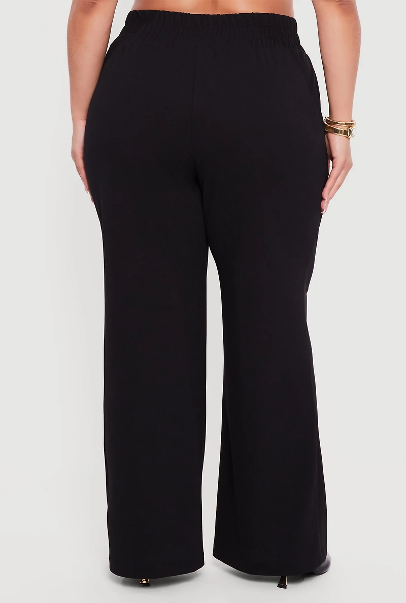 Plus Crepe Knit Tie Waist Detail Wide Leg Pants