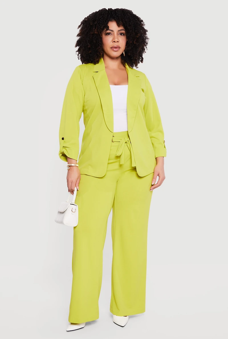 Plus Crepe Knit Tie Waist Detail Wide Leg Pants