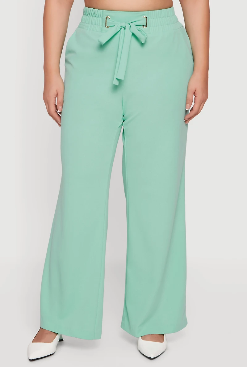 Plus Crepe Knit Tie Waist Detail Wide Leg Pants