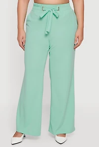 Plus Crepe Knit Tie Waist Detail Wide Leg Pants