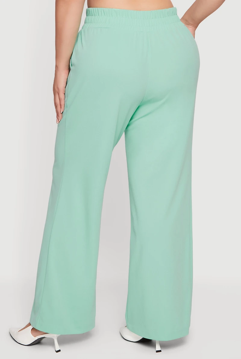 Plus Crepe Knit Tie Waist Detail Wide Leg Pants