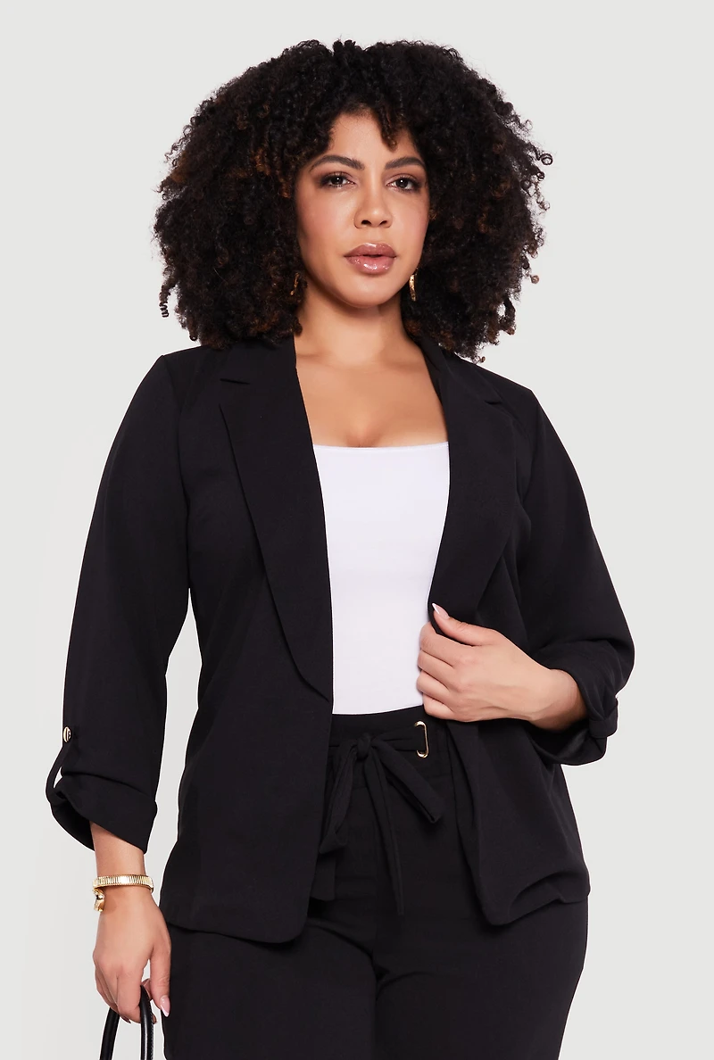Plus Crepe Knit Open Front Tab Sleeve Blazer