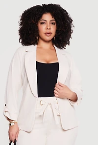 Plus Crepe Knit Open Front Tab Sleeve Blazer