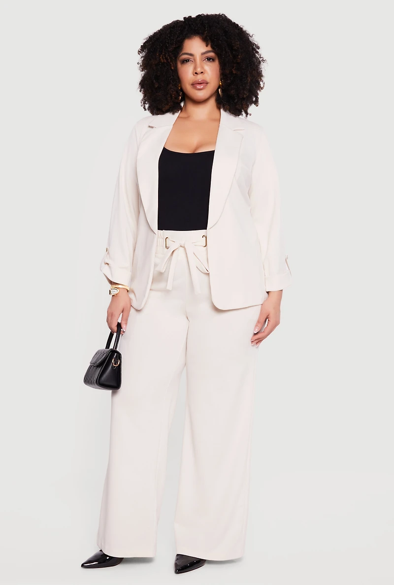 Plus Crepe Knit Open Front Tab Sleeve Blazer