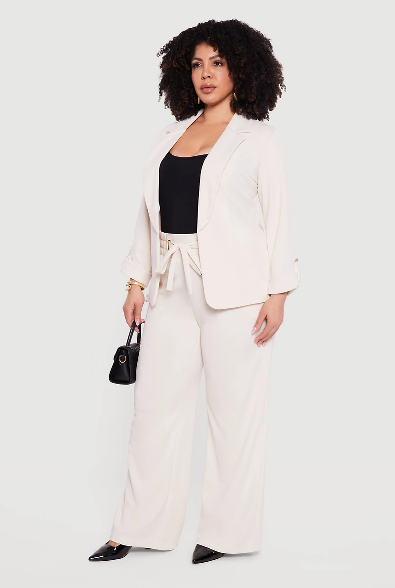 Plus Crepe Knit Open Front Tab Sleeve Blazer