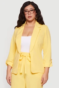 Plus Crepe Knit Open Front Tab Sleeve Blazer