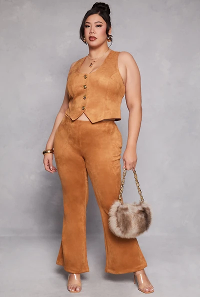 Womens Plus Size Faux Suede Flare Pants, Khaki, Size 3X