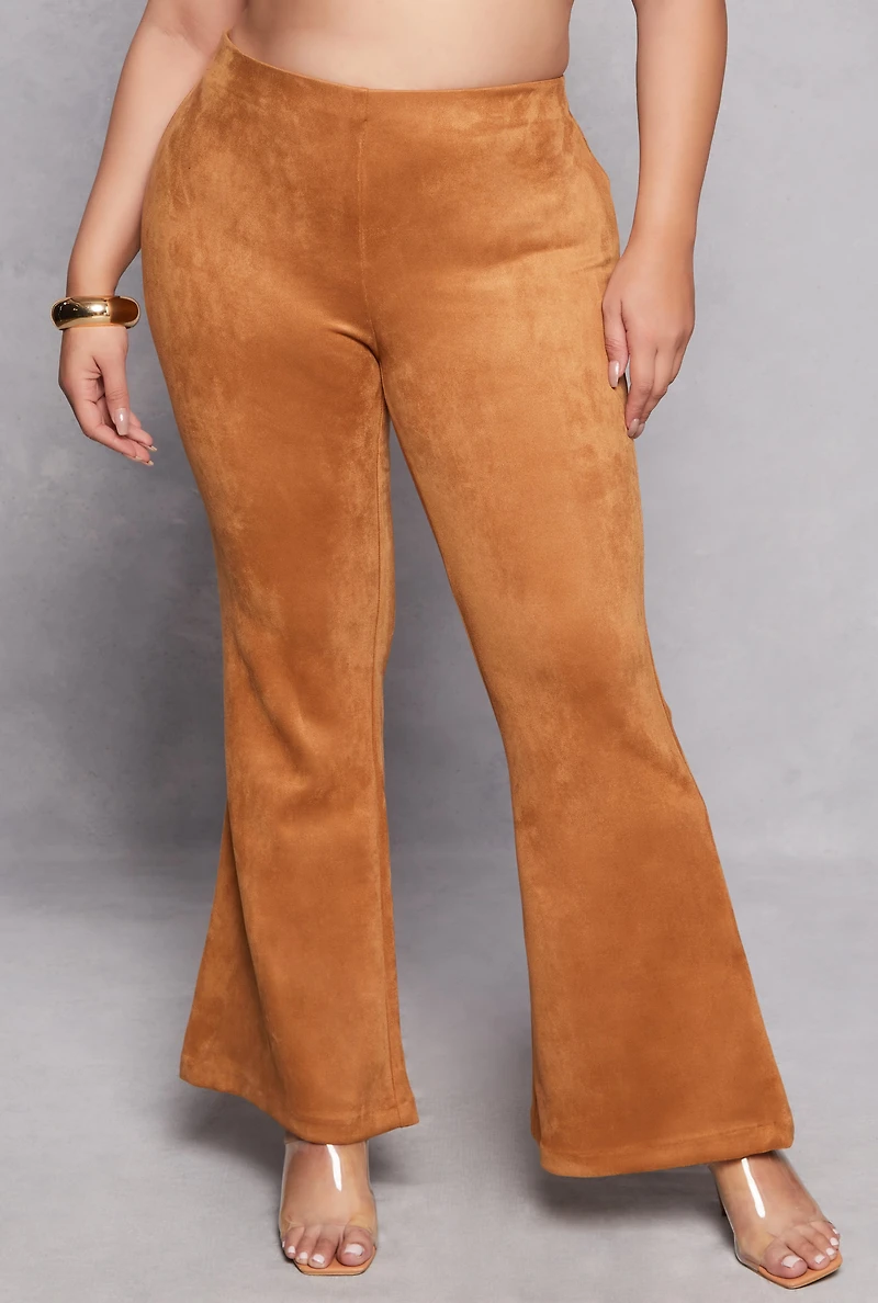 Womens Plus Size Faux Suede Flare Pants, Khaki, Size 3X