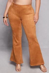 Womens Plus Size Faux Suede Flare Pants, Khaki, Size 3X