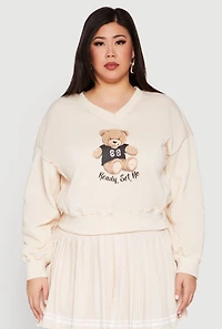 Womens Plus Size V Neck Graphic Sweatshirt, Beige, Size 1X