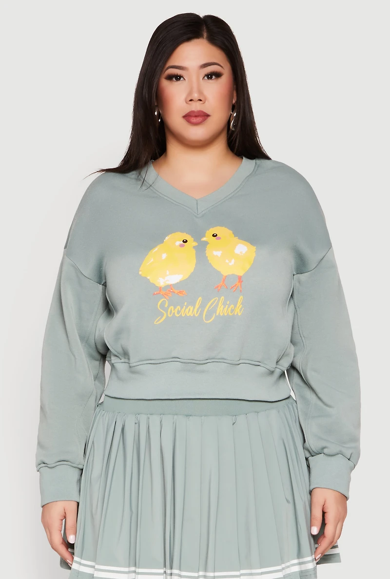Womens Plus Size V Neck Graphic Sweatshirt, Green, Size 1X