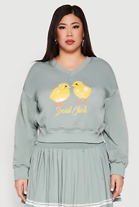 Womens Plus Size V Neck Graphic Sweatshirt, Green, Size 1X
