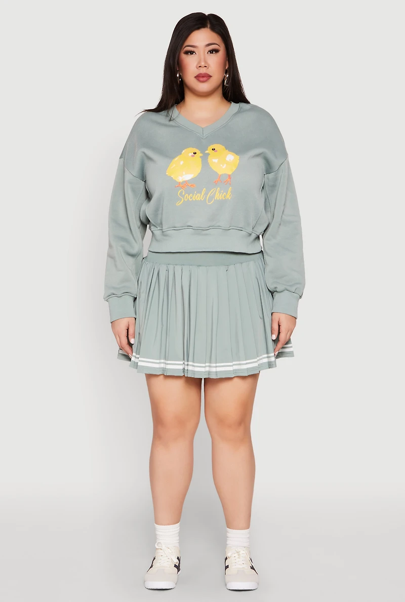 Womens Plus Size V Neck Graphic Sweatshirt, Green, Size 1X