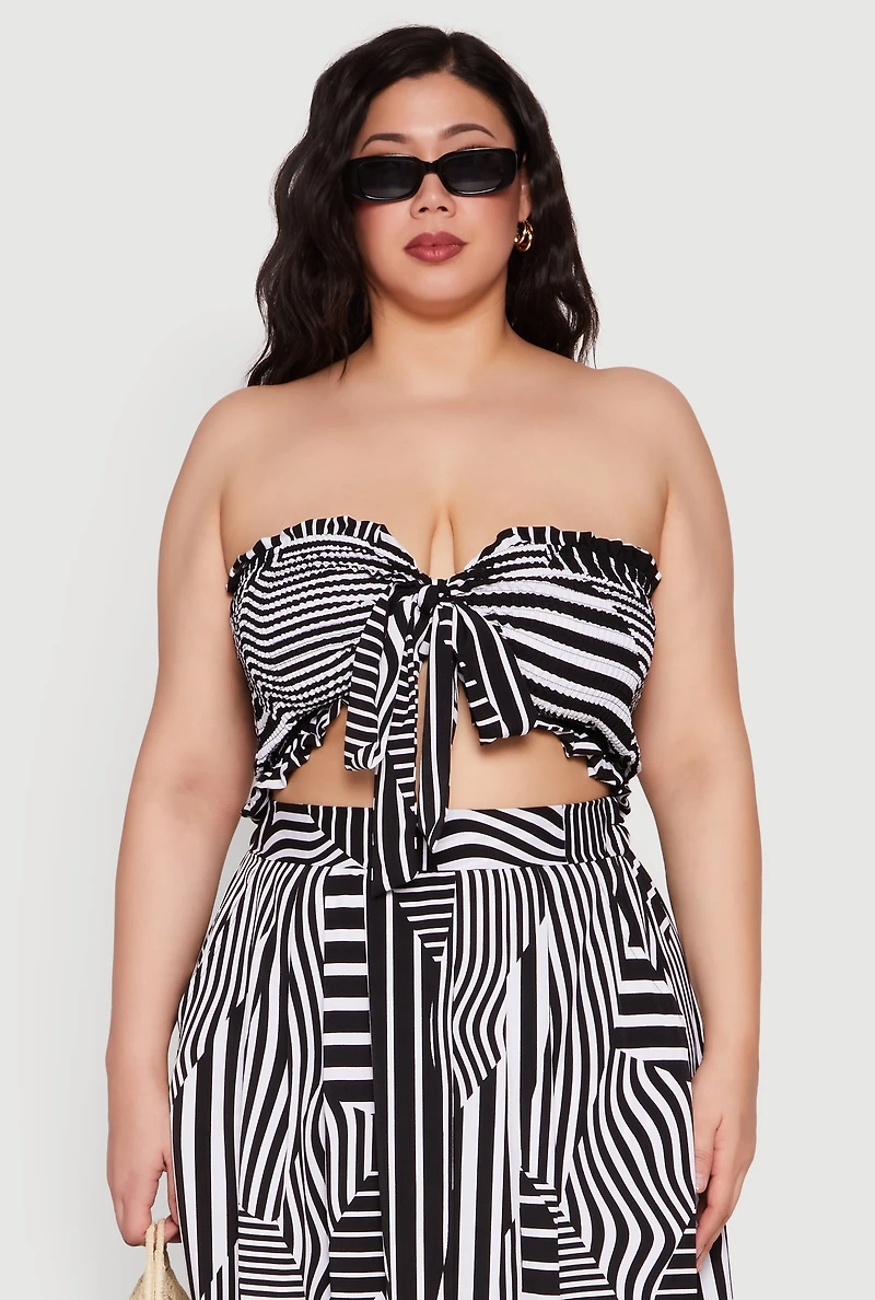 Womens Plus Printed Pattern Tie Front Crop Top,